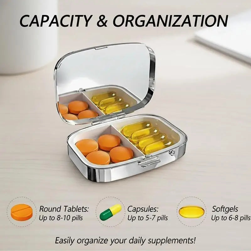 【WA】LUCKY TUNA Sardines Print Metal Pill Box, Portable 2-Compartment Travel Pill Organizer For Vitamins & Pills
