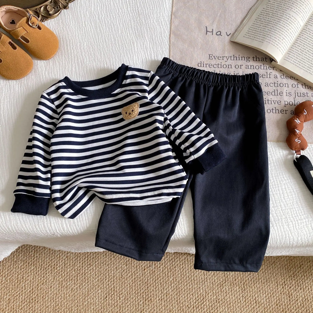 2025 Autumn New Baby Loose Striped Clothes Set Infant Boy Cute Bear Tops + Pants 2pcs Suit Long Sleeve Toddler Outfits