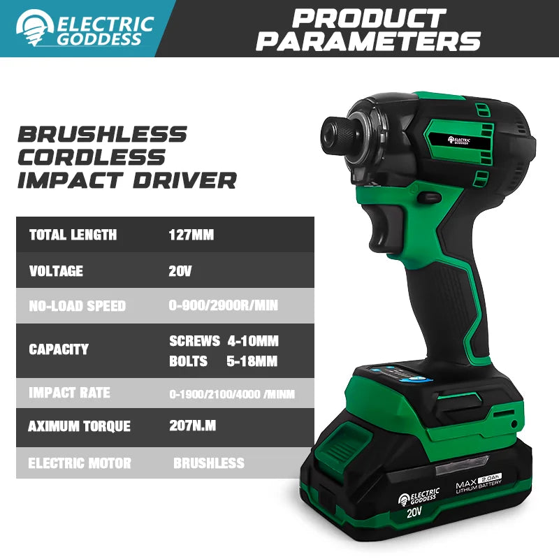 Electric Goddess Brushless Impact Driver 207NM Cordless Electric Drill Screwdriver Tool ﻿For Dewalt Makita Battery Pin