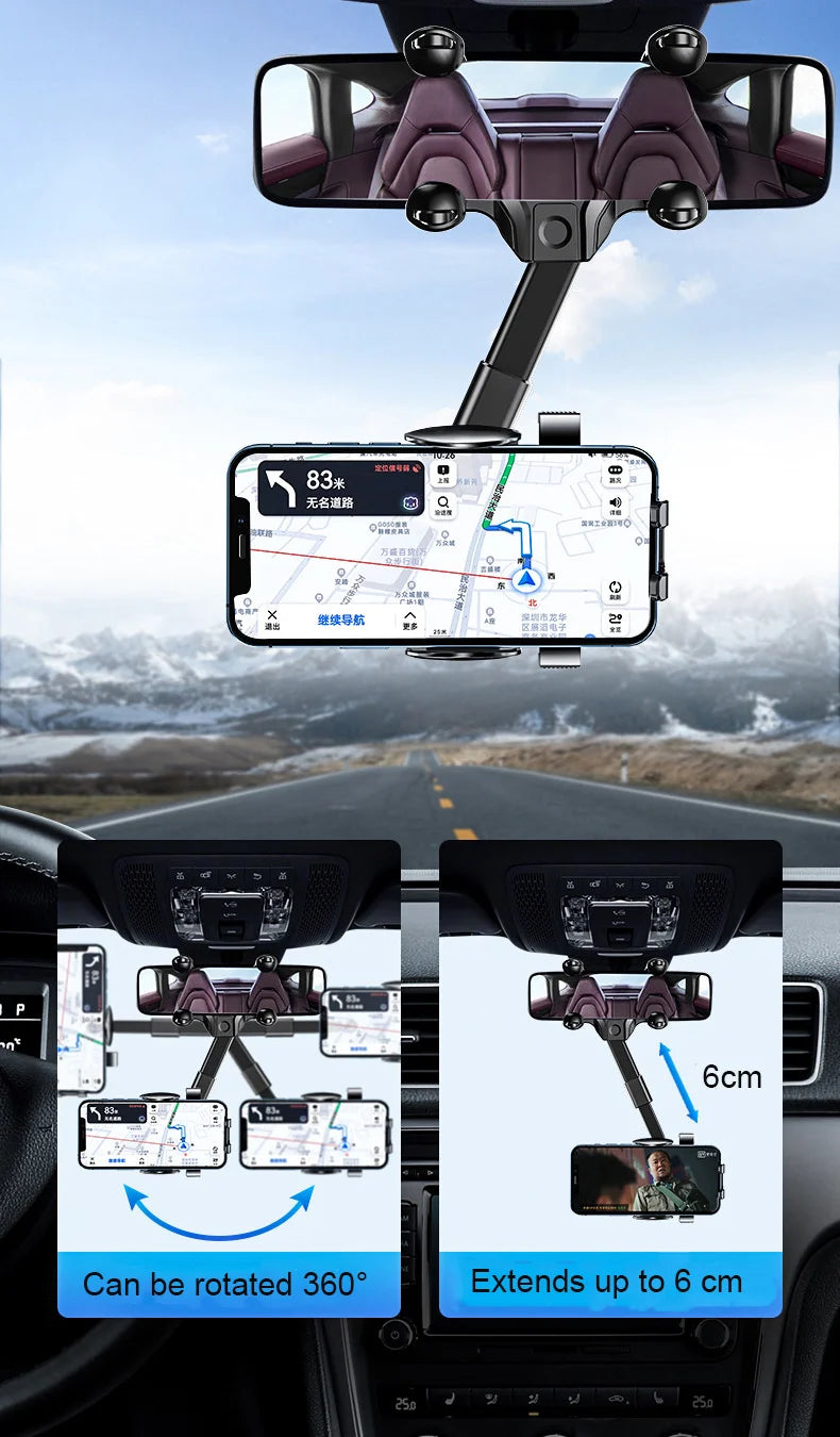 Multifunctional 360 Degree Rotatable Car Phone Holder Car Smartphone Holder Adjustable Retractable Car Rearview Mirror Holder