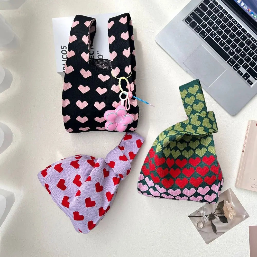 Large Capacity Knit Handbag Women Girls Knot Wrist Bag Reusable Mini Heart Tote Bag Handmade Portable Shopping Bags