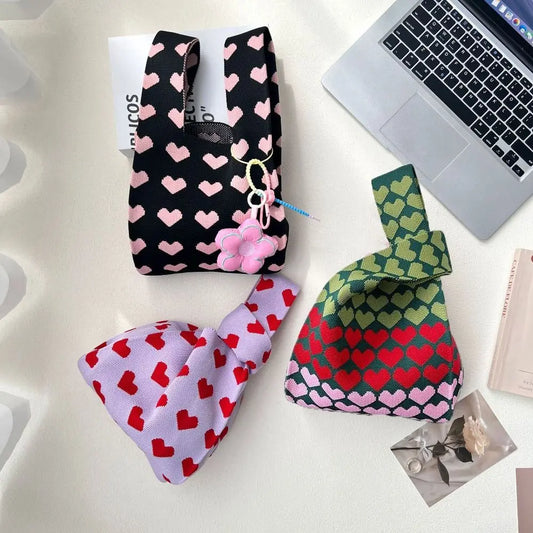 Large Capacity Knit Handbag Women Girls Knot Wrist Bag Reusable Mini Heart Tote Bag Handmade Portable Shopping Bags