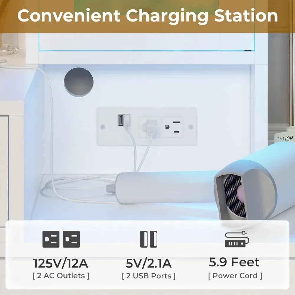 Vanity Desk, Makeup Vanity with Lights & Charging Station and Ambient Light, Vanity Table with Dresser, Bedroom Furniture