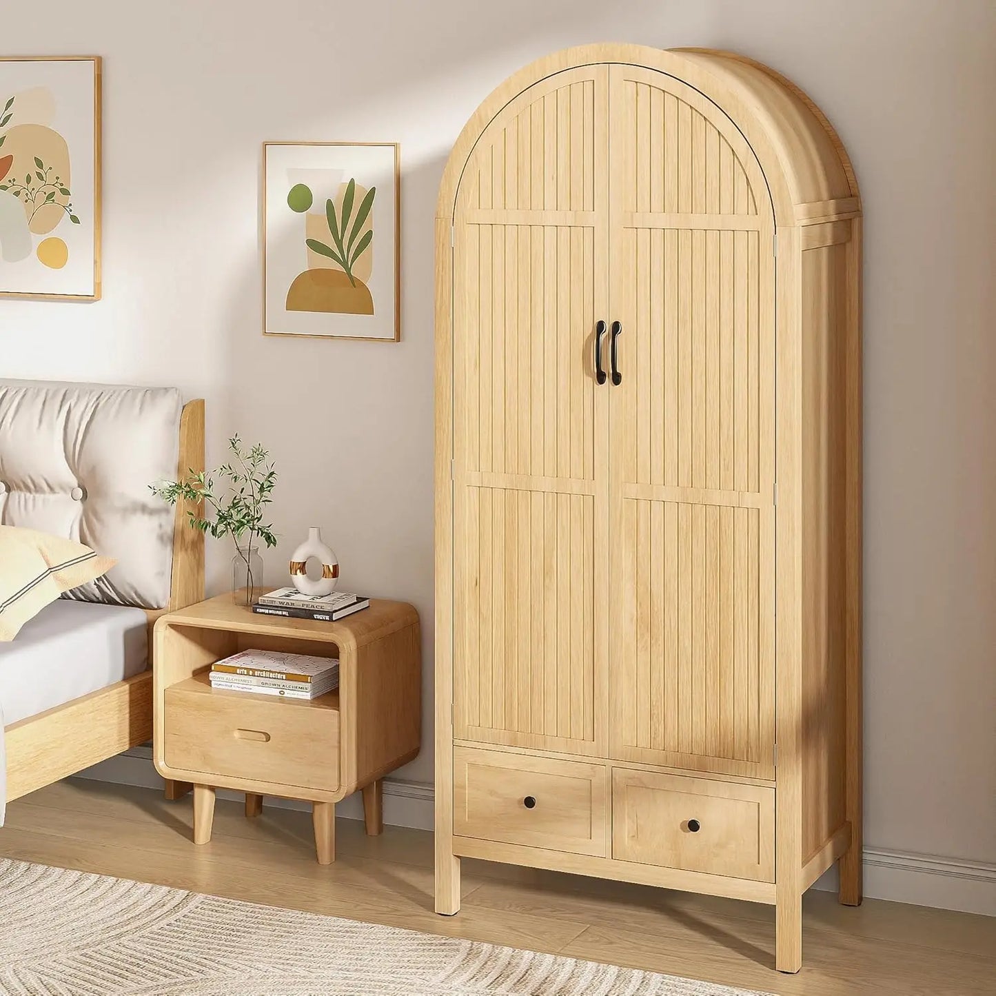 70.87'' Wood Armoire w/2 Arched Fluted Doors, Drawers & Shelves, Hanging Rod for Bedroom (Wood Color)