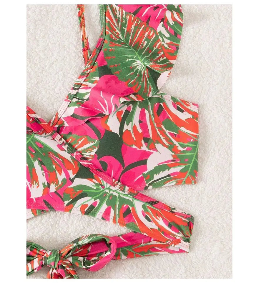 Cikini Summer Swimsuit For Women Tropical Print Ruffle Trim Summer Beach Bikini Set Summer Beach Swimwear Bathing Suit