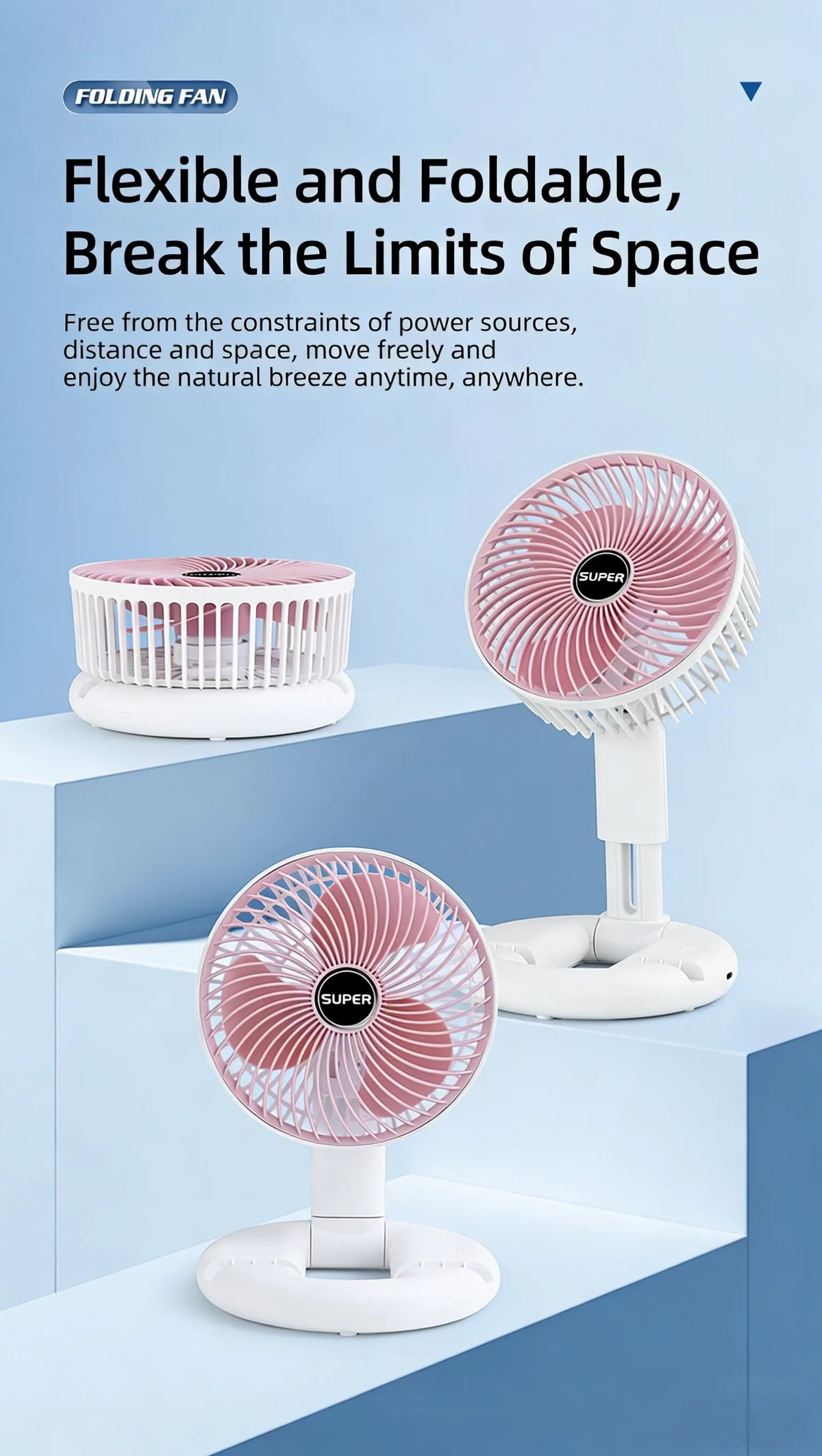 3-in-1 Telescopic Cool Fan USB Charing Folding Desktop Circulator 3-Speed No-Drill Wall Mount Electric Fan for Dorm Home Office