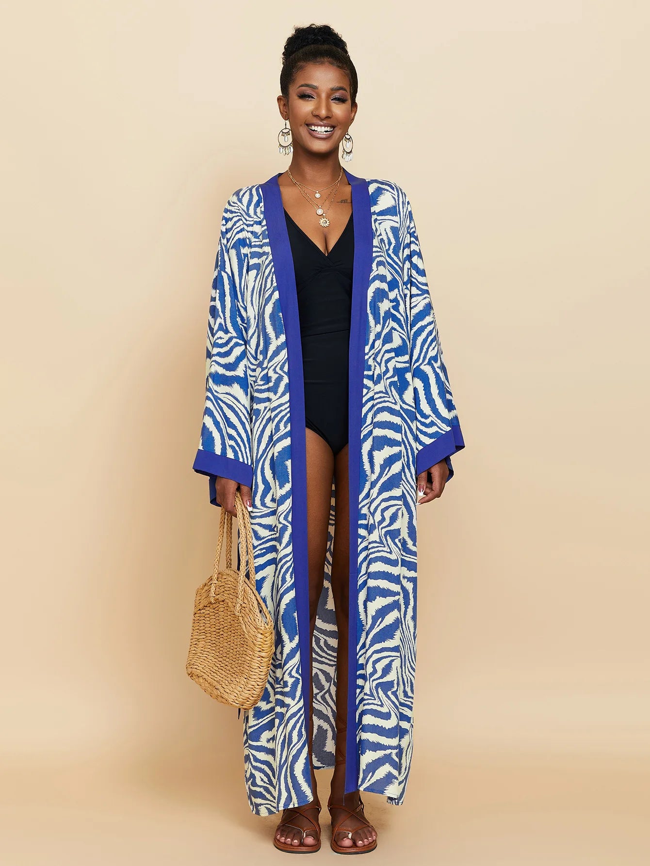 Zebra Beach Cover Ups for Women Long Sleeve Kimono Dress Self Belted Rayon Elegant Pareo 2023 Bathing Suits Holiday Beachwear