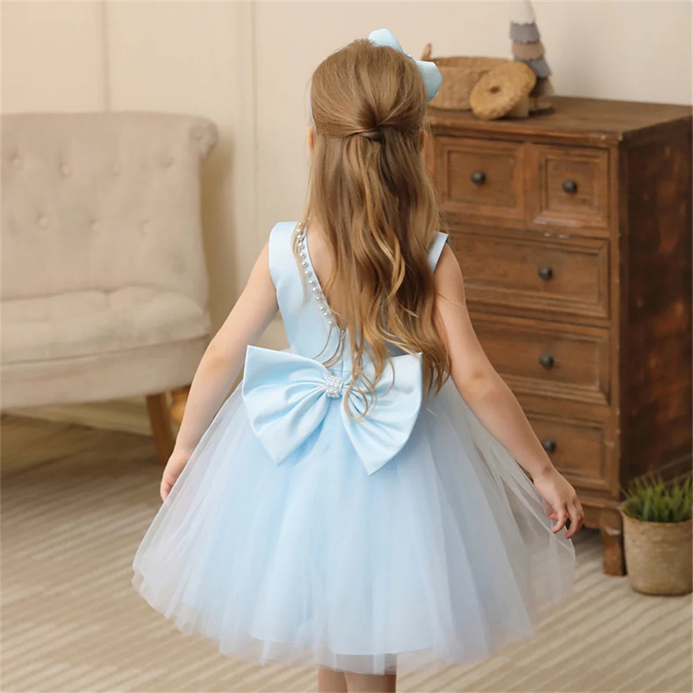 Toddler Girl Flower Birthday Tulle Pearl Dress Backless Bow Wedding Gown Baby Girl Bowknot Dresses Kid Party Wear Princess Dress