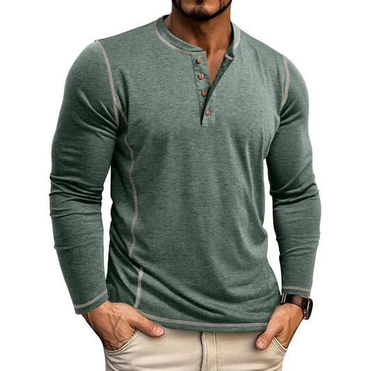 2025 Autumn Winter New Fashion Men's Casual Trendy Basic Henry Collar Long Sleeve Button Solor-coded T-shirts Male Clothes Tops