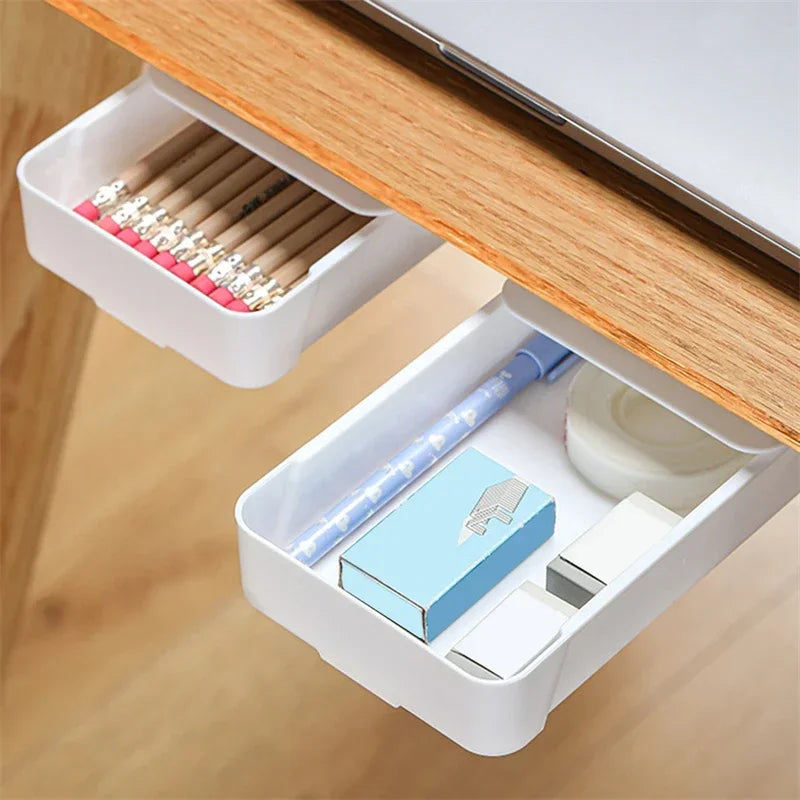 White Self-Adhesive Storage Drawer Box Makeup Pencil Tray Desk Hidden Under Desk Stand Self-adhesive Under-drawer Storage Boxes