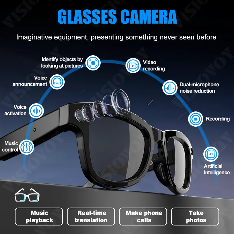 AI Smart Glasses Built-in HD Camera Glasses Bluetooth Wireless Audio Intelligent Glasses Anti-glare Anti-blue connected glasses