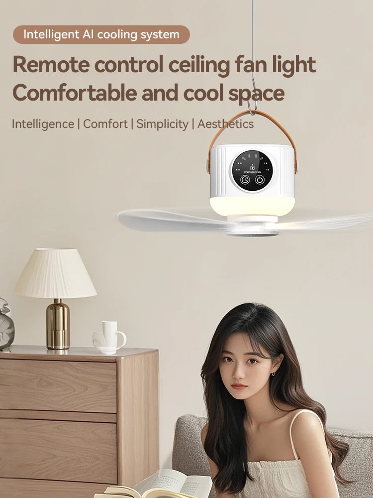 Mini Ceiling Fan, 4 Speeds, LED Screen, 3-Level Night Light, 4 Timers (1-8H), 3600mAh Battery, Remote, Quiet USB Fan for Camping
