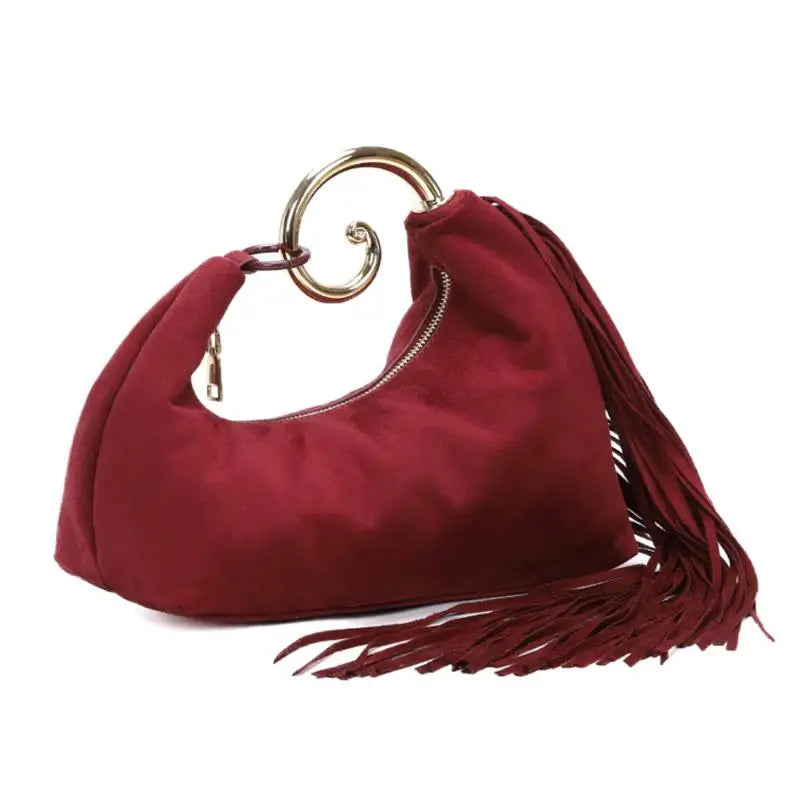 Trendy Vintage Evening Bags for Women, French Luxury Faux Suede Tassel Handbags with Durable Metal Handle