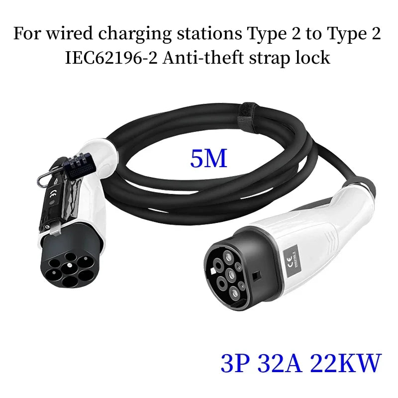 For wired charging stations Portable EV Charging Cable 32A 22KW 3 Phase Electric Car Charger 3.5KW 16A 1 Phase Anti-theft strap