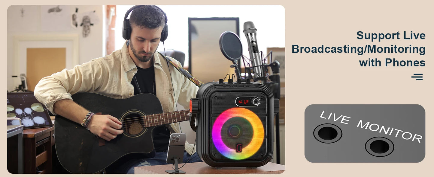 Karaoke Machine with 2 Wireless Microphones, Portable Bluetooth Speaker with RGB Light, Supports TF/USB, AUX, FM, Rec, TWS