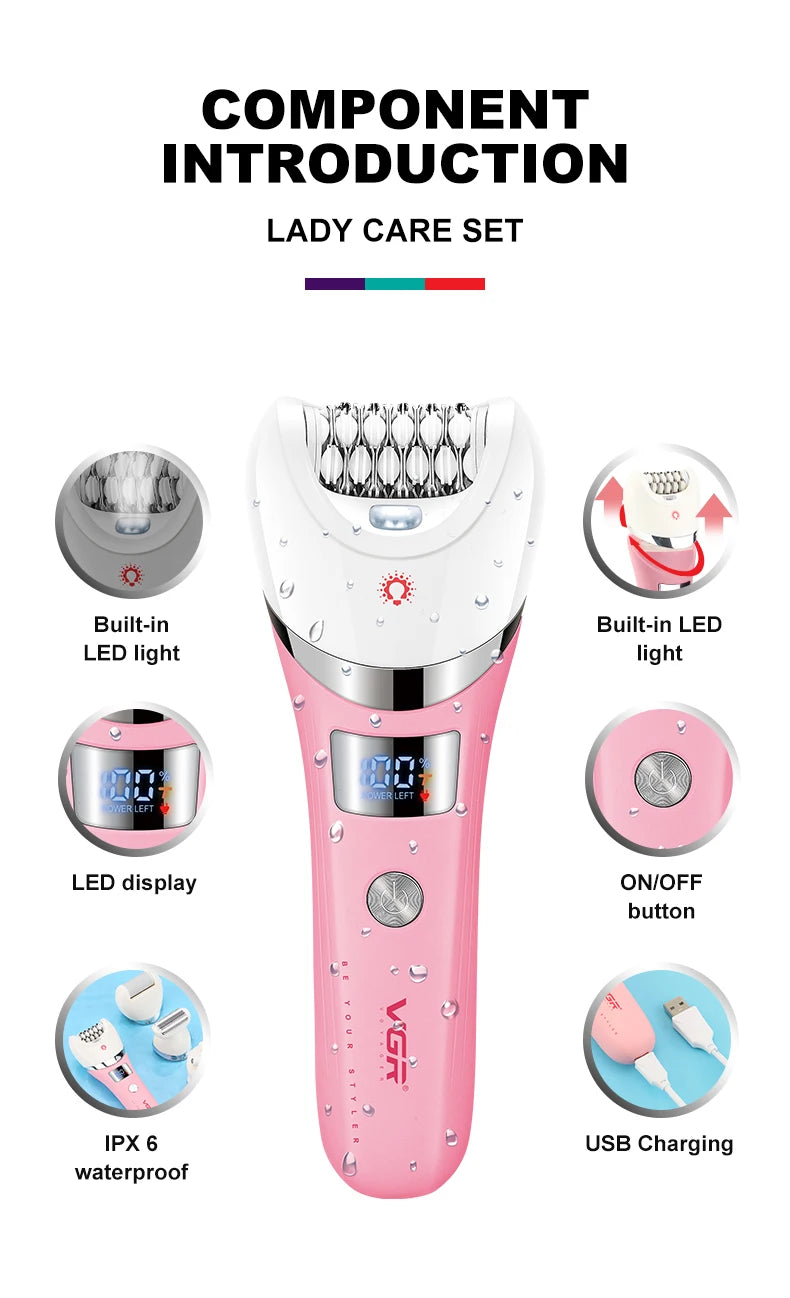 VGR Hair Removal Professional Body Care Trimmer 5in1 IPX6 Waterproof Hair Trimmer LED Two Speeds Electric Razor for Women V-759
