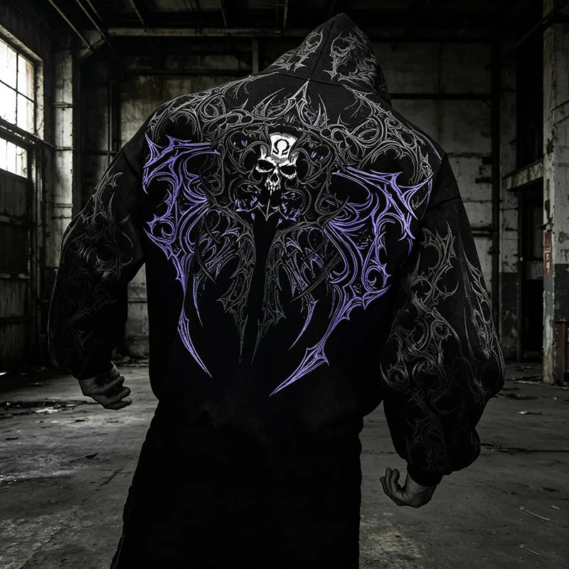 Men Gothic Skull Thorn Graphic Full Zip Up Hoodie Fleece Lined Long Sleeve Winter Punk Goth Streetwear Oversized Sweatshirt