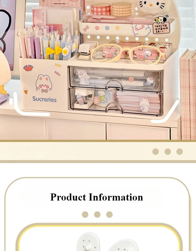 Desktop Hole Board Storage Box Desk Organizer Girls Cute Pen Holder Storage Stationary Rack Korean Kawaii Bunny Cosmetic Shelf