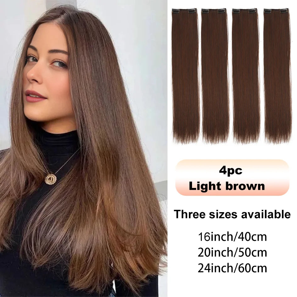 4pc synthetic women's 16inch/20inch/24inch four piece straight hair extensions, black/brown wig, suitable for daily wear