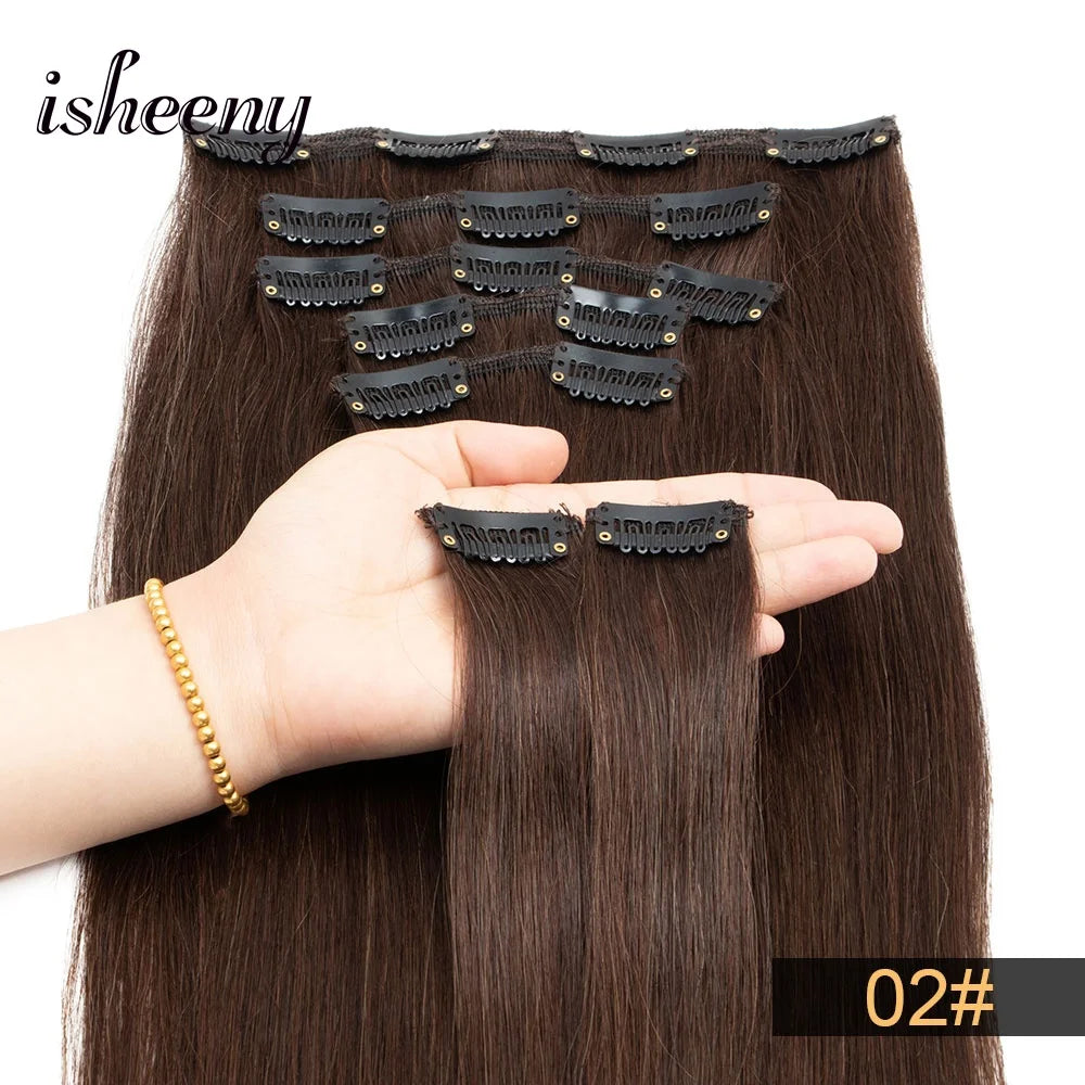 Isheeny 12"-24" Clip In Human Hair Extensions Brazilian Remy Natural Clip Human Hair Extension Real Natural Clip On 50G-120G NEW