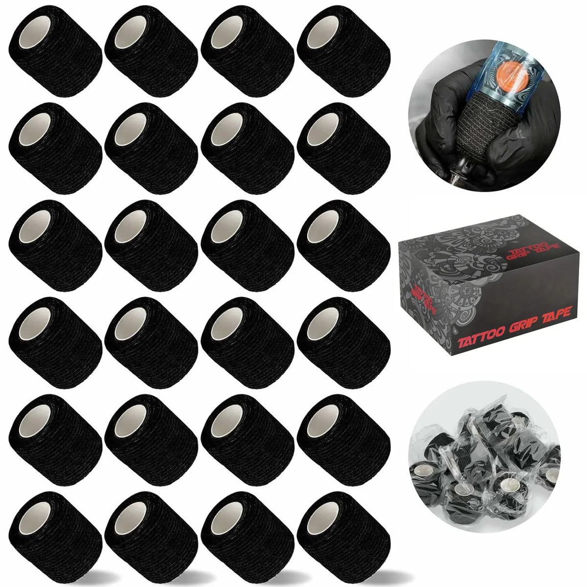 48/24/3PCS Black Tattoo Grip Cover Wraps Self-Adhesive Elastic Bandage Tape Breathable Strong Sports Tape Athletic Bandage Rolls
