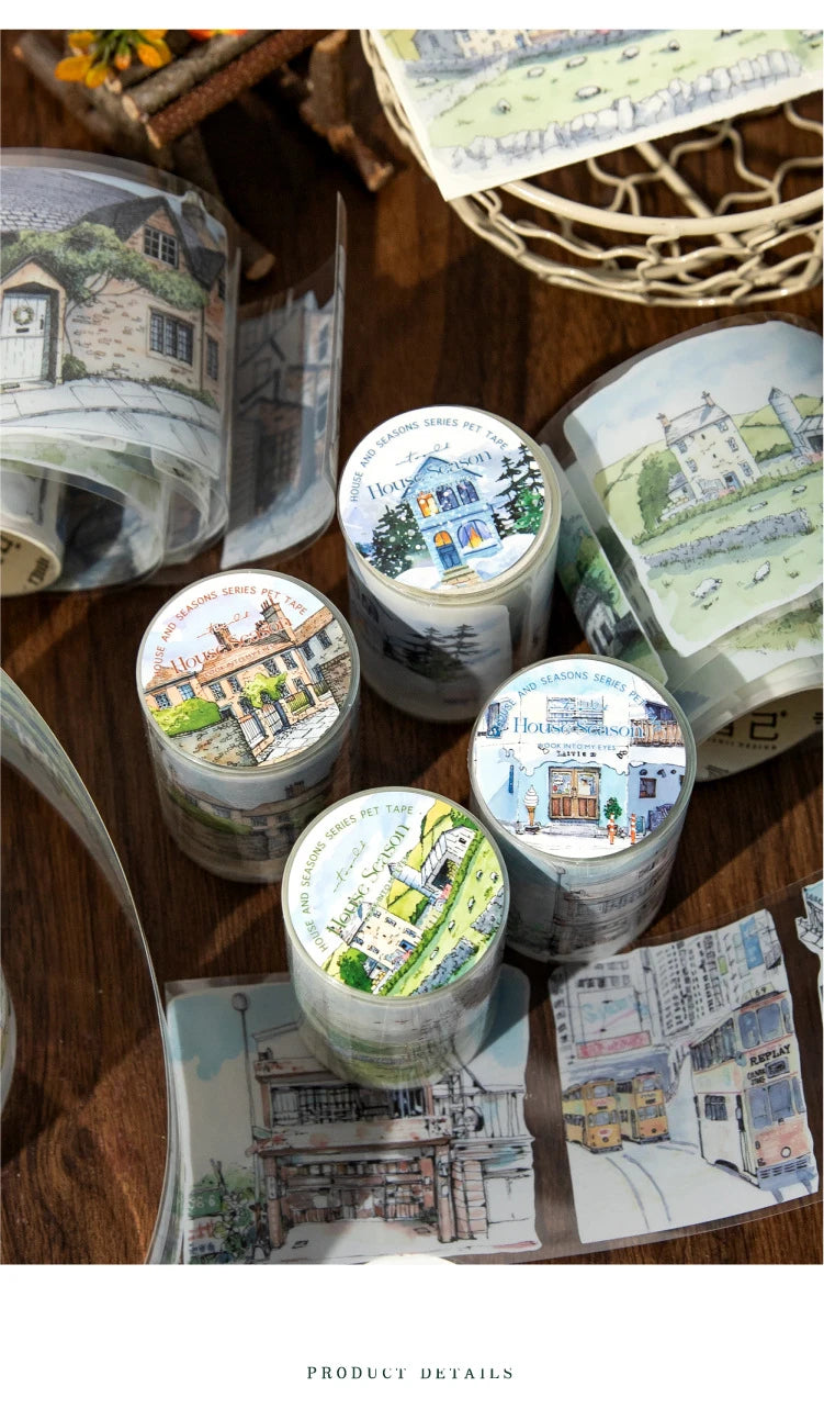 JIANWU 60mm*200cm Four Seasons with You Series Vintage Building Landscaping PET Tape Creative DIY Journal Collage Stationery
