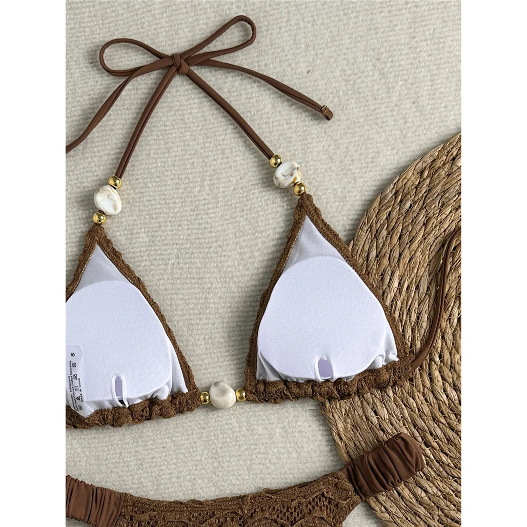 2026 Wrinkled Crinkled Halter Bikini Women Swimwear Female Swimsuit Two-Pieces Bikini Set Padded Bather Bathing Suit Swim V8135