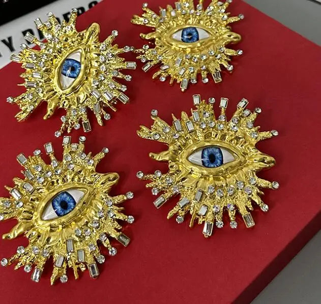 Exaggerated Sparkling Crystal Eye Earrings Retro Luxury Open Ring Brooch Earring Set