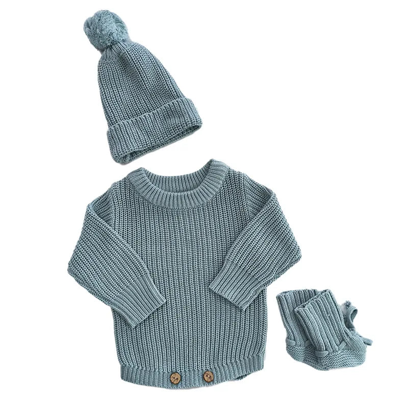 Autumn Baby Knitted Romper Headband Hat Socks Set 3Pcs Solid Color Newborn Outfit Cotton Warm Infant Shower Clothing Gifts