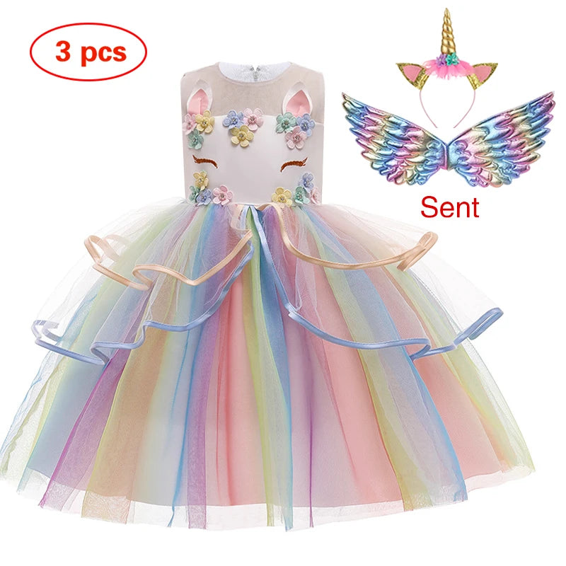 2025 new Girl's Unicorn Dress 1-10 Year Old Children's Flower Cake Princess Dress Carnival Halloween Performance Clothing