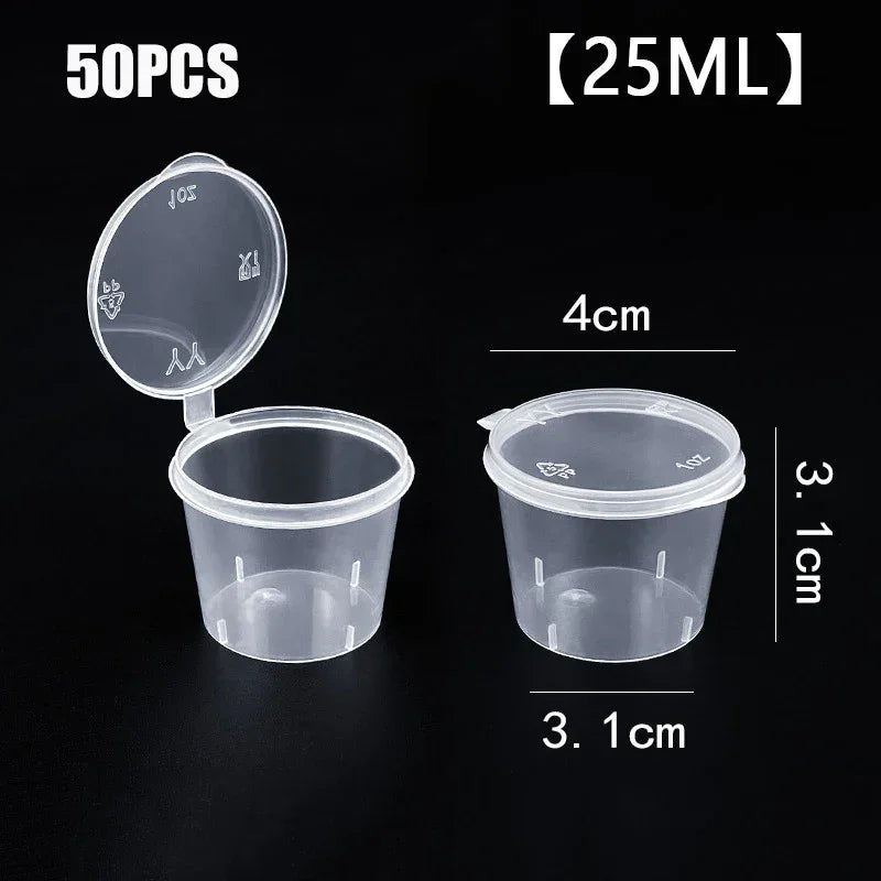 50pcs Disposable Sauce Containers Package Box&Lid Clear Portable Plastic Takeaway Sauce Cup Containers Food Box With Hinged Lids