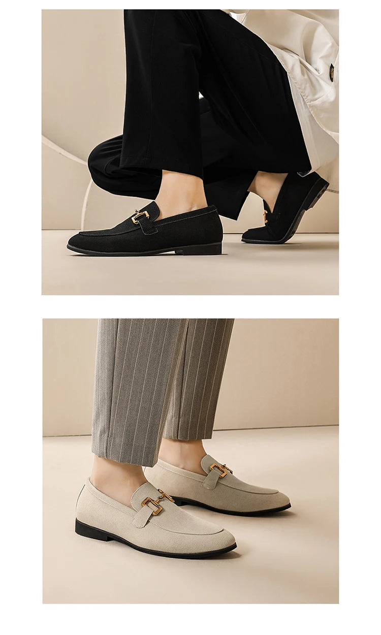 Loafers Men Shoes Black Beige Flock Round Toe Metal Decoration Men Dress Shoes Slip on Men Shoes