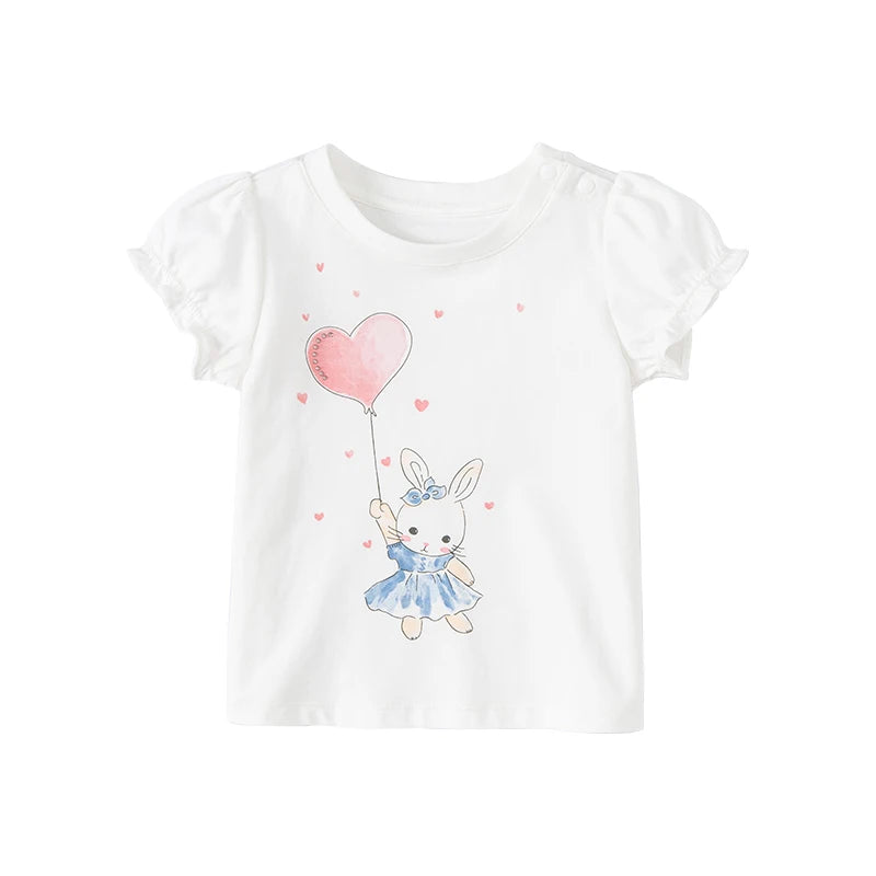 Dave Bella Baby Girl White T-shirts Cartoon Printed Girls Tees Children Tops Puff Sleeves Kids Clothes DB2221905