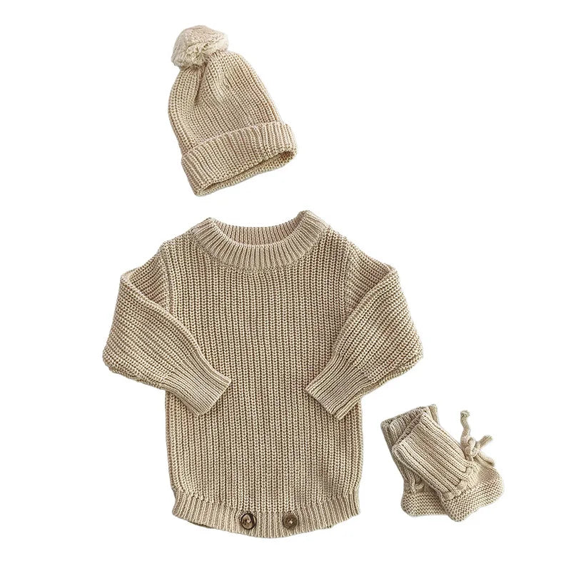 Autumn Baby Knitted Romper Headband Hat Socks Set 3Pcs Solid Color Newborn Outfit Cotton Warm Infant Shower Clothing Gifts