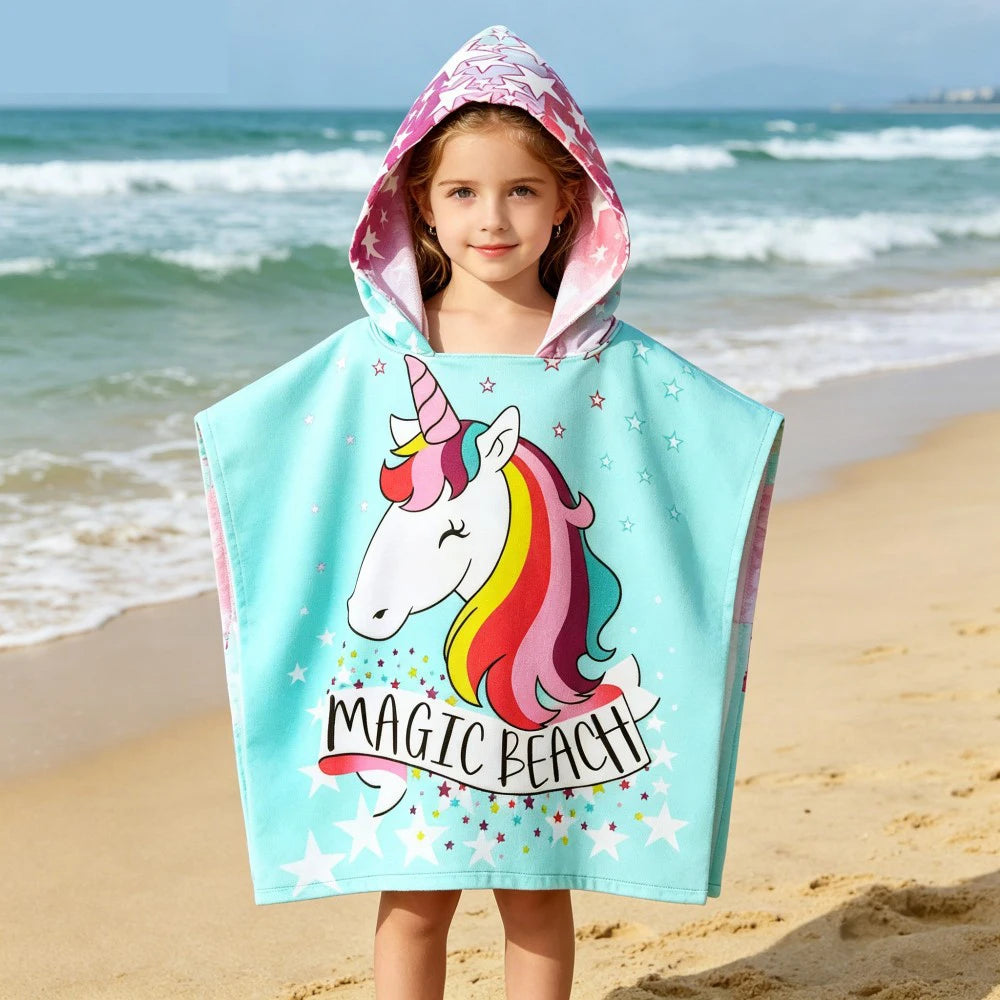 Children Bathing Stuff Kids Hooded Cape Towel Boy Cartoon Bathrobe Baby Swimming Towel Girls Unicorn Beach Towel Wrap Blanket