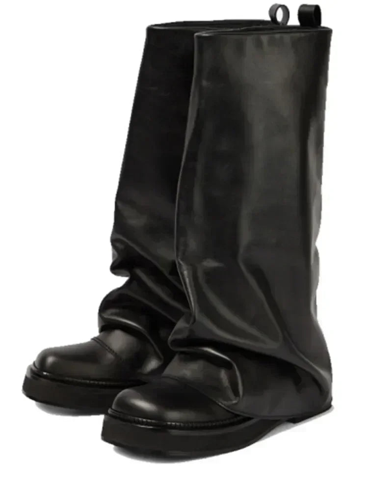 Women's New Autumn and Winter Calf Boots with Pleated Thick High Heels and Fashionable Oversized Street Leather Mid Leg Boots