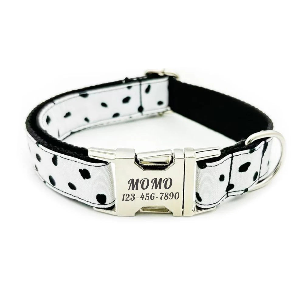 Personalized Dog Collar Customized Pet Collar Free Engraving ID Nameplate Tag Pet Dalmatians Black Dot Puppy Collars Leash