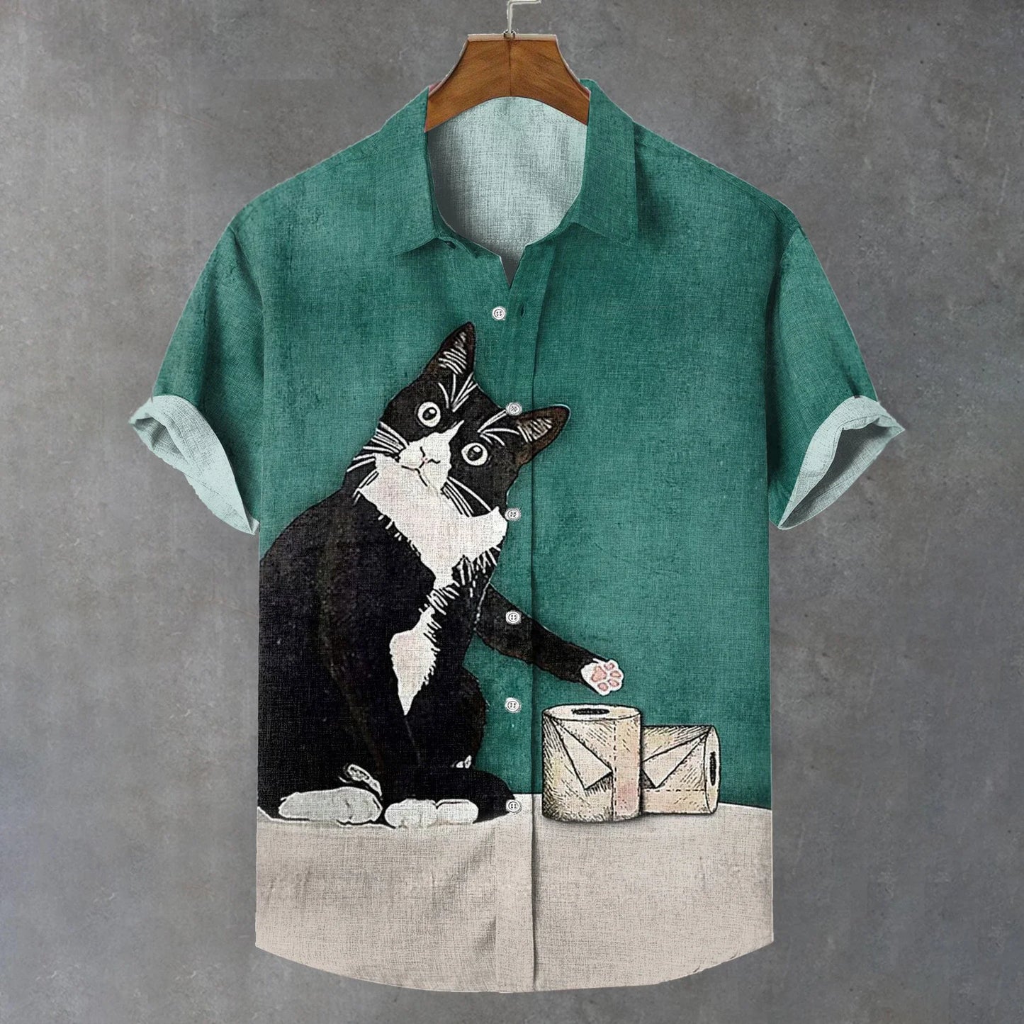 Summer Men's Shirt Animal Pattern Print Cat Shirts Casual Short Sleeve Streetwear Fashion Oversized Male Clothing Cardigan Top