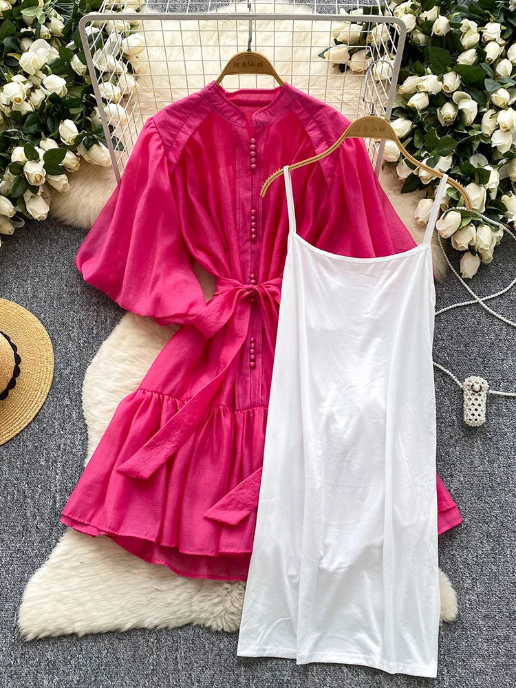 Summer Women's Puff Sleeve Shirt Dress Fashion Beach Vacation Party Birthday Blue White Exquisite Chiffon Mid Length Dress B06