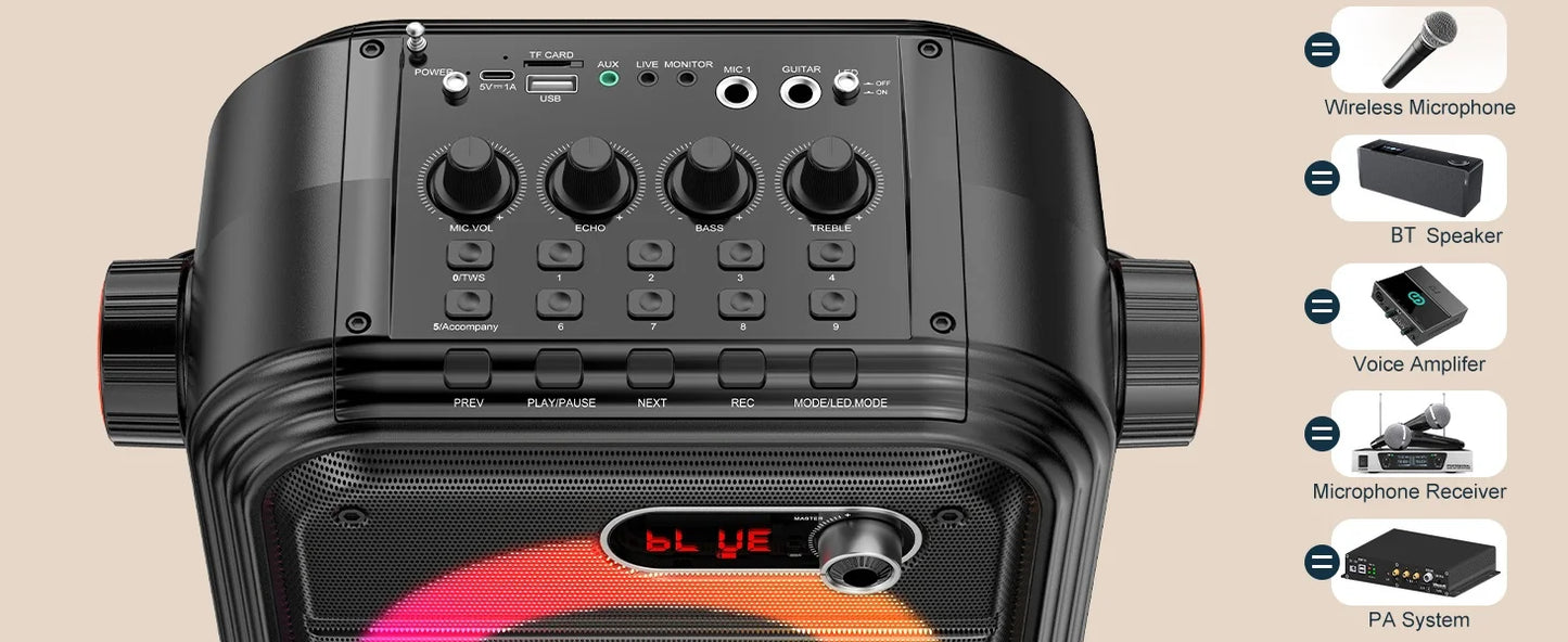 Karaoke Machine with 2 Wireless Microphones, Portable Bluetooth Speaker with RGB Light, Supports TF/USB, AUX, FM, Rec, TWS