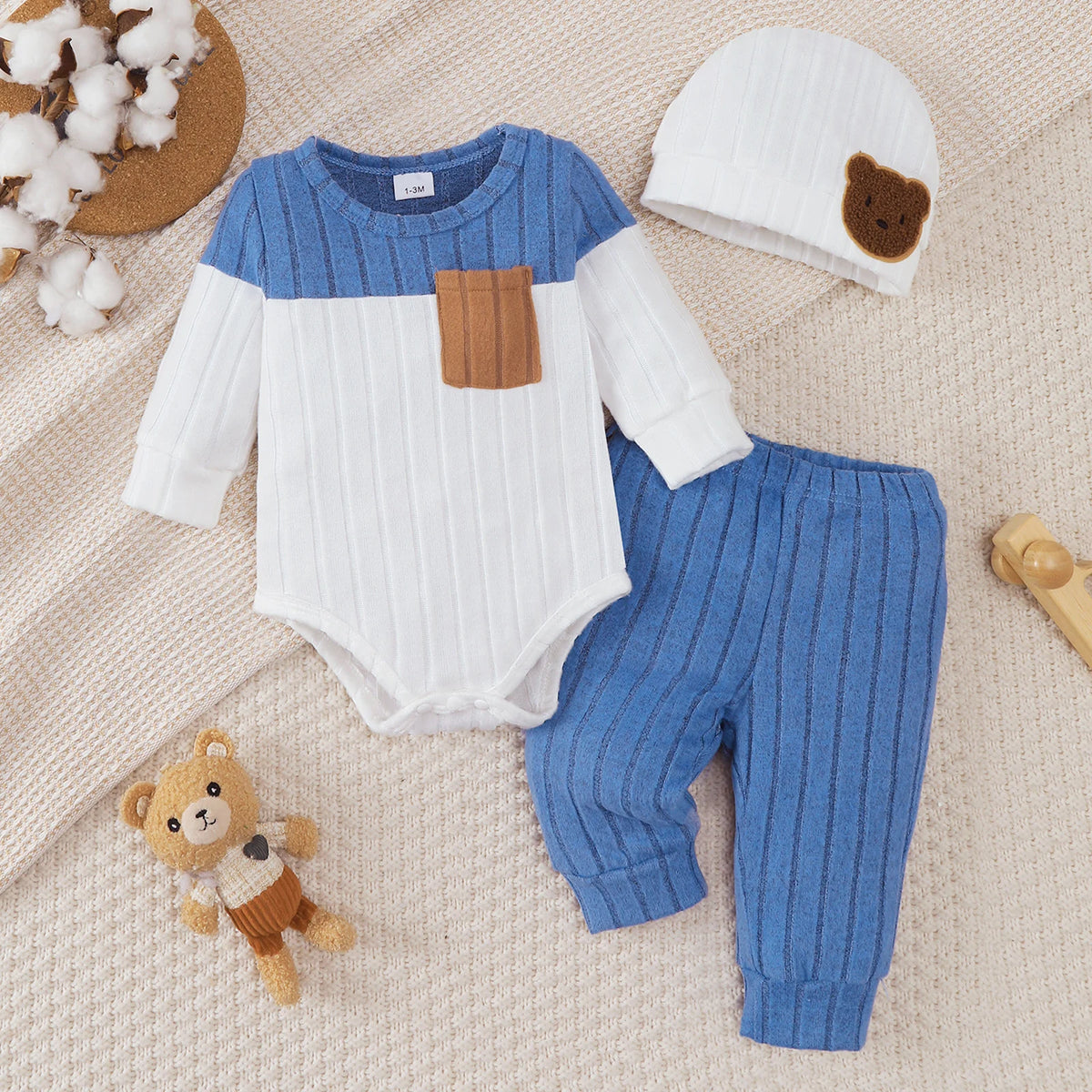 0-18 Month Newborn Baby boy Set Round neck Color Blocked Bodysuit+Pants+Hat Comfortable 3Pcs/set for baby boy spring  autumn Set