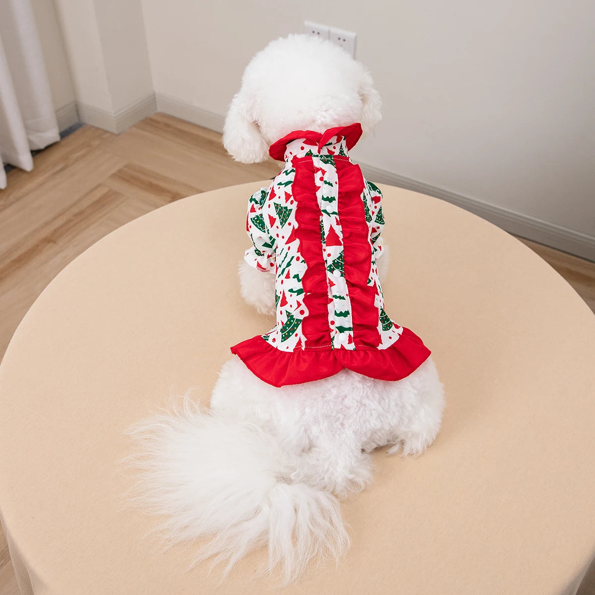 Pet Christmas Dress Xmas Tree Printed Ruffle Skirt Puppy Holiday Outfit Cute Pet Party Costume for Small Medium Dogs Cats Teddy