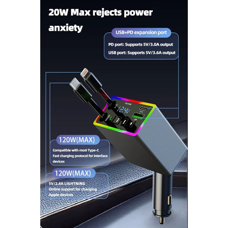 M38 FM Bluetooth MP3 Transmitter 4-in-1 120W Fast Charge Retractable Cable Car Charger with Colorful Light Built-in Media Player