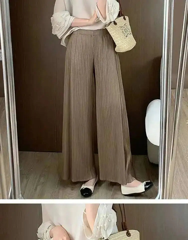 LANMREM patchwork design women's Pleated trousers elastic High Waisted Draped Straight Wide Leg Pants 2025 chic new 2DB3871
