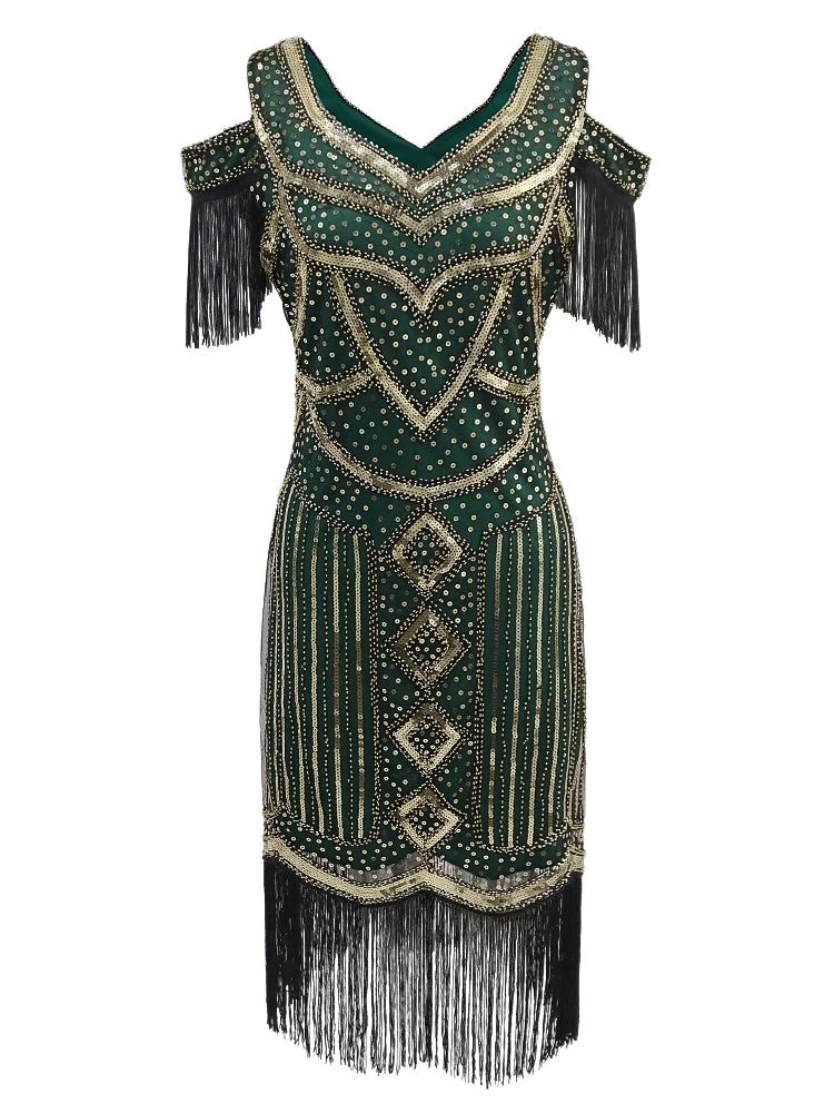 Women Fringe 1920s Flapper Dress 20s Gatsby Themed Party Dress Vintage V-neck Off Shoulder Sequin Beaded Cocktail Dress