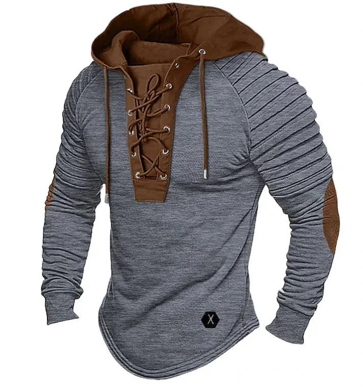 Men’s Lace-Up Hoodie Long Sleeve Pullover Slim Fit Sweatshirt Ribbed Arm Patchwork Design Off White Streetwear Tops