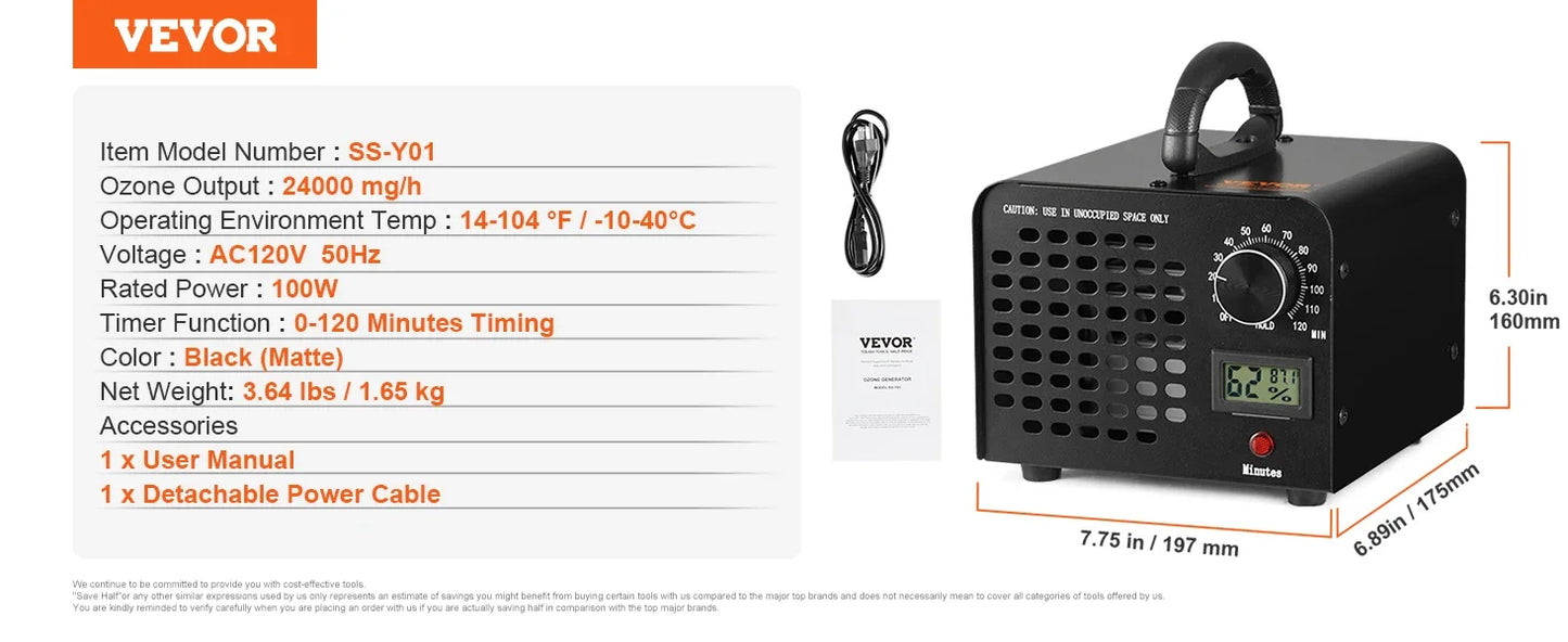VEVOR Ozone Generator Commercial Ozone Generator Ozone Machine 12000 24000 36000mg/h Odor Remover with 0-120min Timer