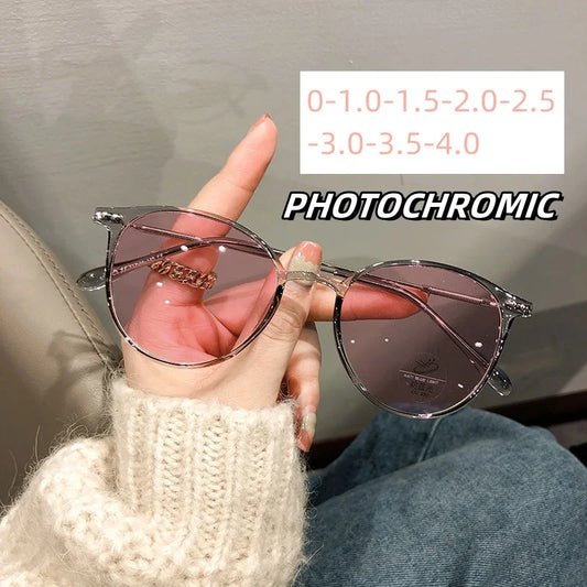 Intelligent Blue Light Blocking Myopia Glasses Round Frame Ultra Light Color Changing Sunglasses Outdoor Travel Driving Eyewear