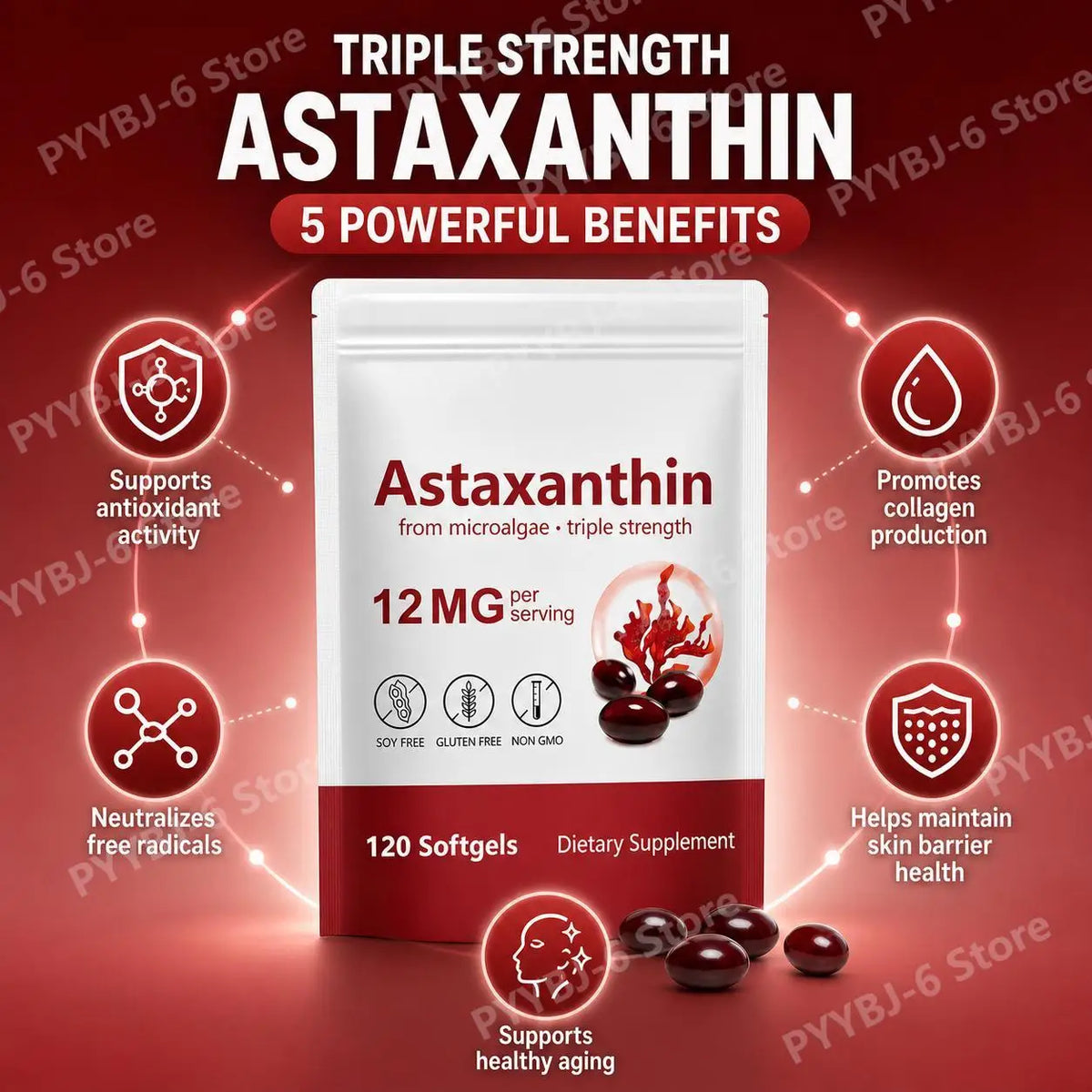 Astaxanthin Softgels Triple Strength From Microalgae Supports Healthy Aging Promotes Collagen Supports Skin Barrier 120 Softgels