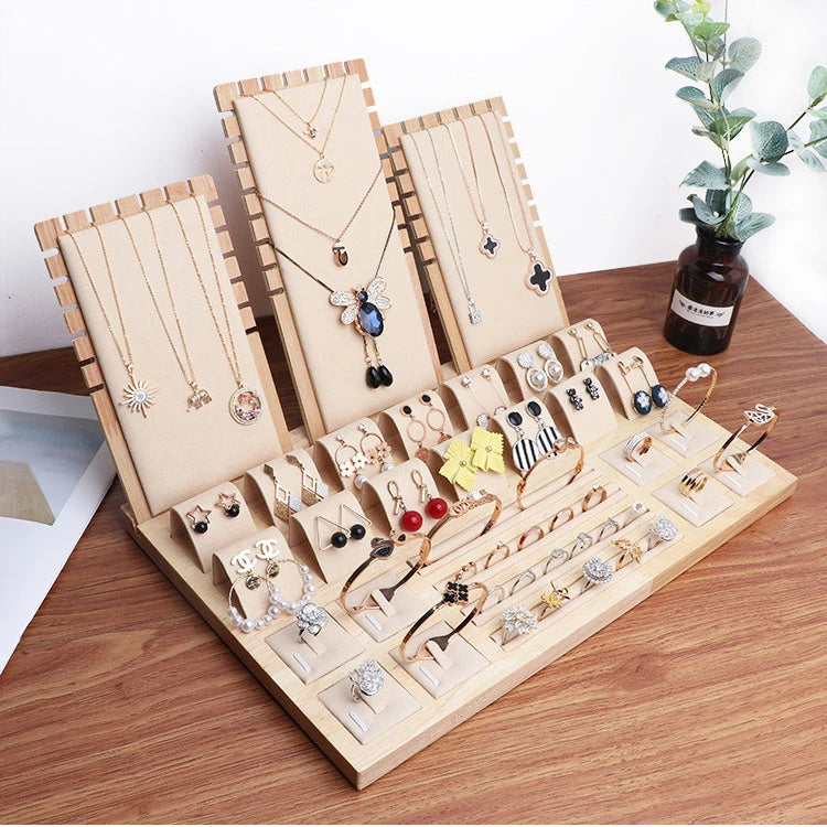 Wood Set Jewelry Counter Display Stand Necklace Pendant Holder Earring Ring Display Tray Props High-Capacity 39*25Cm